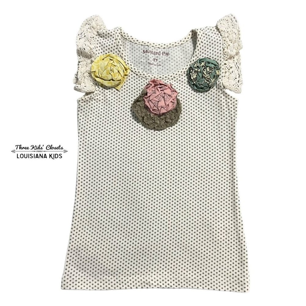 Mustard Pie 3T Polkadot Flowers Lace Flutter Sleeve Top